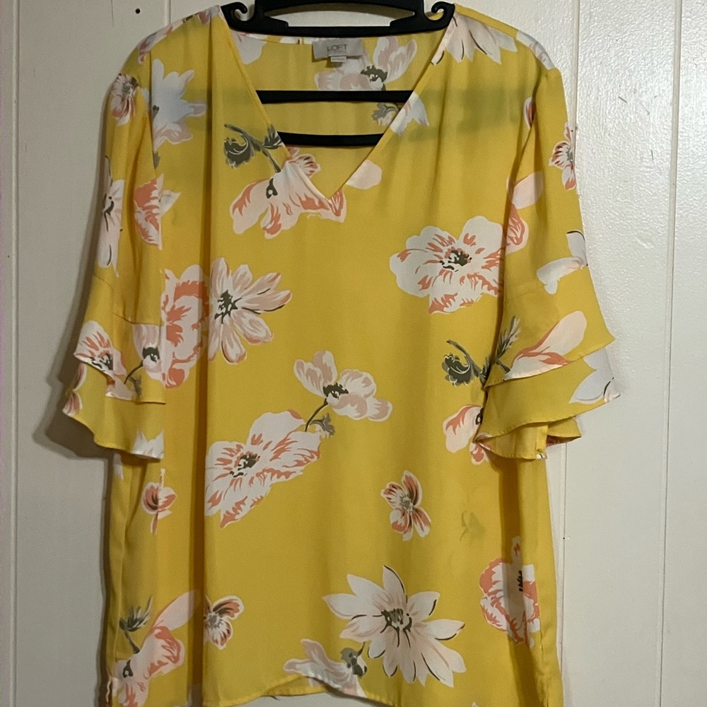 LOFT Yellow Flutter Sleeve Blouse Relaxed Fit